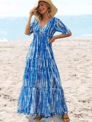 Casual Loose Tie Dye V Neck Short Sleeve Maxi Dress - Image 1