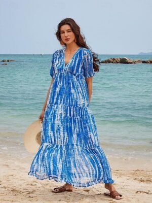 Casual Loose Tie Dye V Neck Short Sleeve Maxi Dress - Image 10