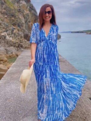 Casual Loose Tie Dye V Neck Short Sleeve Maxi Dress - Image 12