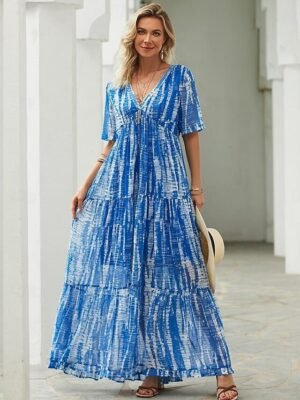 Casual Loose Tie Dye V Neck Short Sleeve Maxi Dress - Image 3