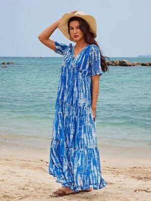 Casual Loose Tie Dye V Neck Short Sleeve Maxi Dress - Image 5