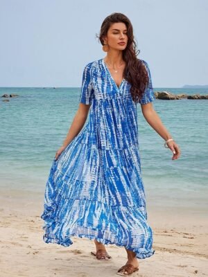 Casual Loose Tie Dye V Neck Short Sleeve Maxi Dress - Image 7