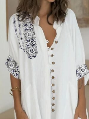 Casual Loose Tribal Shirt Collar Short Sleeve Mini Dress - Image 2