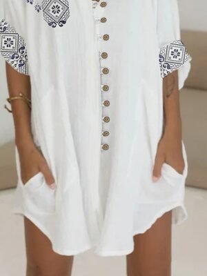 Casual Loose Tribal Shirt Collar Short Sleeve Mini Dress - Image 3