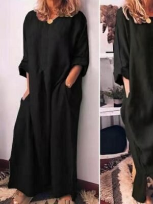 Casual Maxi Plain Crew Neck Long Sleeve Dress - Image 6