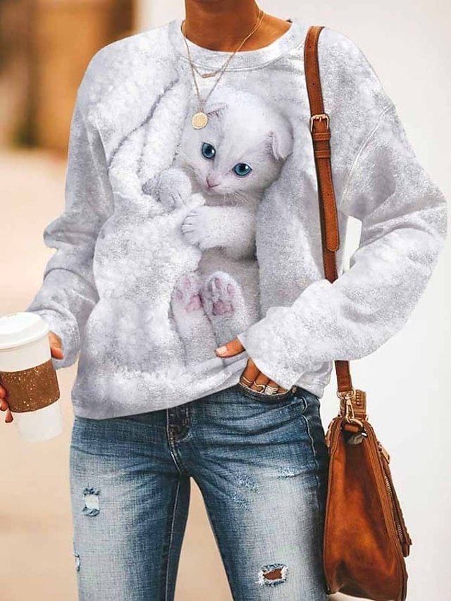 Casual Micro-elastic Cat Print Round Neck Long Sleeve Sweatshirt - Image 1