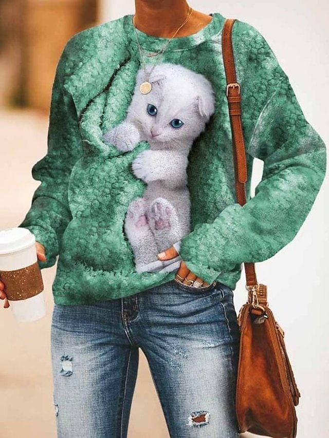 Casual Micro-elastic Cat Print Round Neck Long Sleeve Sweatshirt - Image 2