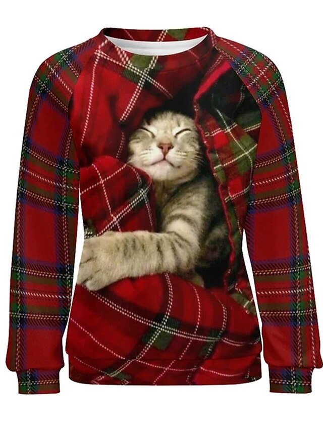 Casual Micro-elastic Plaid Round Neck Long Sleeve Sweatshirt - Image 1