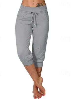 Casual Mid Waist Plain Elastic Waist Calf-Length Capri Pants - Image 10