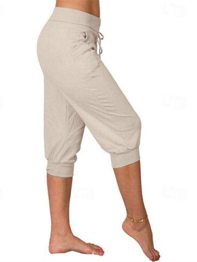 Casual Mid Waist Plain Elastic Waist Calf-Length Capri Pants - Image 2