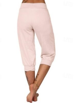 Casual Mid Waist Plain Elastic Waist Calf-Length Capri Pants - Image 24