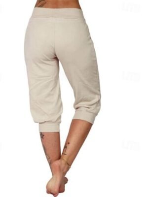 Casual Mid Waist Plain Elastic Waist Calf-Length Capri Pants - Image 3
