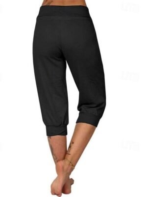 Casual Mid Waist Plain Elastic Waist Calf-Length Capri Pants - Image 4