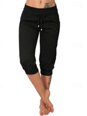 Casual Mid Waist Plain Elastic Waist Calf-Length Capri Pants - Image 5