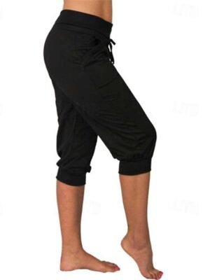 Casual Mid Waist Plain Elastic Waist Calf-Length Capri Pants - Image 6