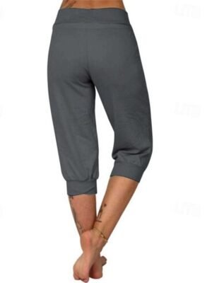 Casual Mid Waist Plain Elastic Waist Calf-Length Capri Pants - Image 9