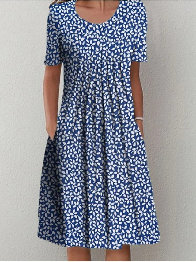 Casual Midi Floral Crew Neck Short Sleeve Dress - Image 1