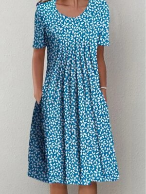 Casual Midi Floral Crew Neck Short Sleeve Dress - Image 10