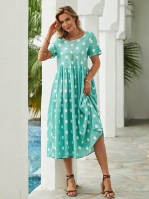 Casual Midi Floral Polka Dot Crew Neck Short Sleeve Dress - Image 10