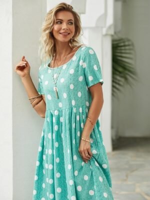 Casual Midi Floral Polka Dot Crew Neck Short Sleeve Dress - Image 11