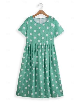 Casual Midi Floral Polka Dot Crew Neck Short Sleeve Dress - Image 2
