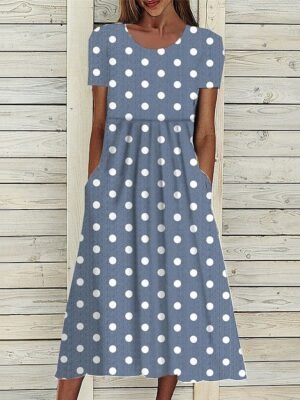 Casual Midi Floral Polka Dot Crew Neck Short Sleeve Dress - Image 4
