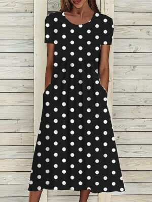 Casual Midi Floral Polka Dot Crew Neck Short Sleeve Dress - Image 5