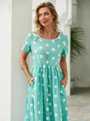 Casual Midi Floral Polka Dot Crew Neck Short Sleeve Dress - Image 6
