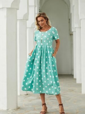 Casual Midi Floral Polka Dot Crew Neck Short Sleeve Dress - Image 8