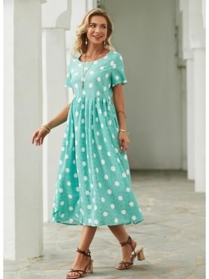 Casual Midi Floral Polka Dot Crew Neck Short Sleeve Dress - Image 9