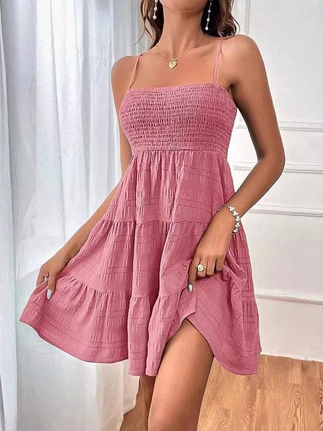 Casual Midi Plain Spaghetti Strap Sleeveless Ruffle Dress - Image 1