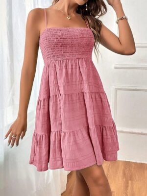 Casual Midi Plain Spaghetti Strap Sleeveless Ruffle Dress - Image 2