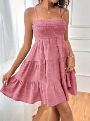 Casual Midi Plain Spaghetti Strap Sleeveless Ruffle Dress - Image 4