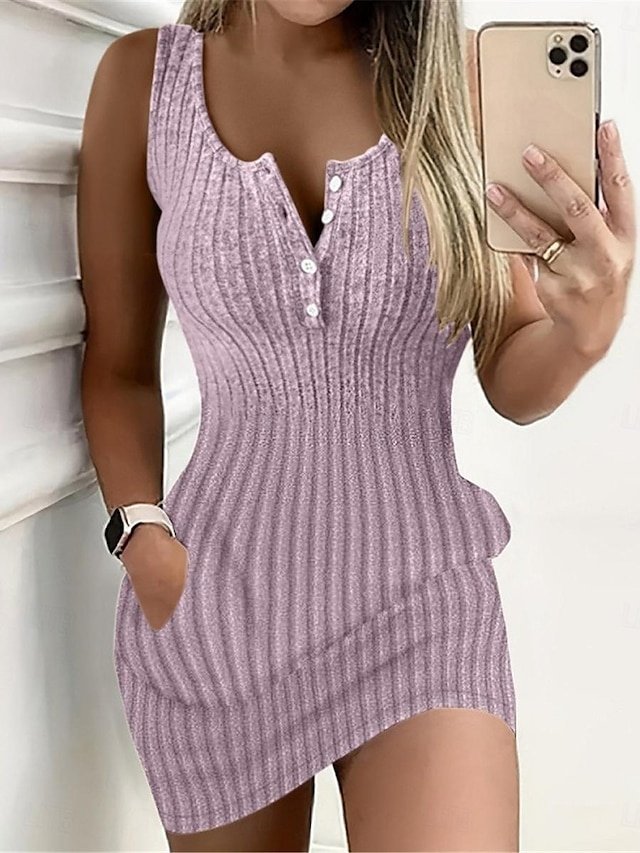 Casual Mini Button Pocket Crew Neck Sleeveless Dress - Image 2