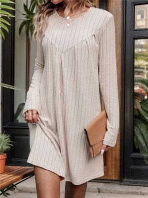 Casual Mini Ribbed Crew Neck Long Sleeve Dress - Image 1