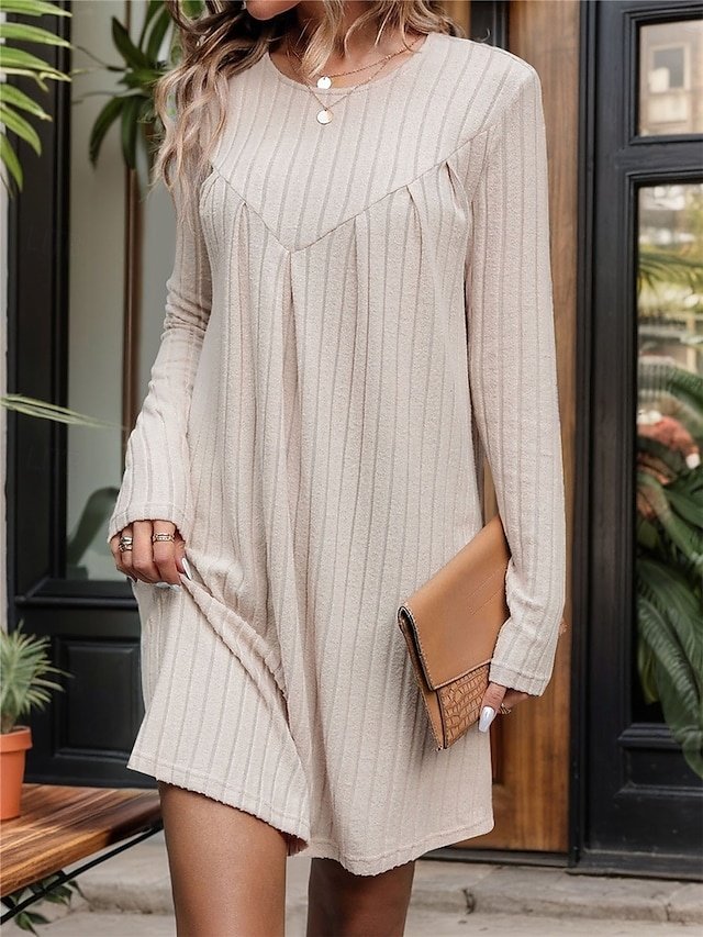 Casual Mini Ribbed Crew Neck Long Sleeve Dress - Image 1