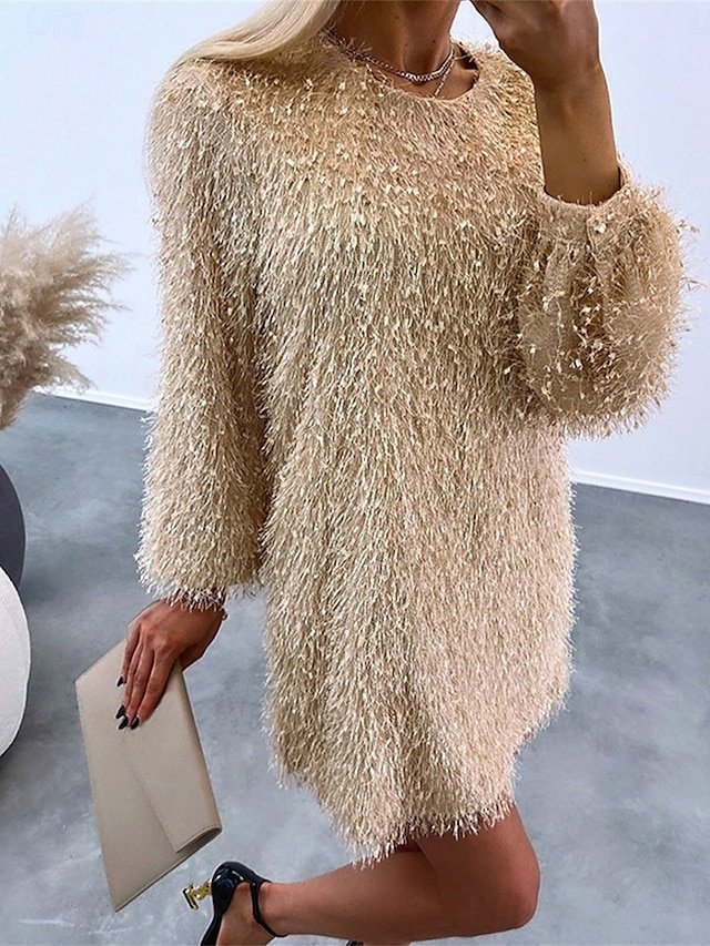 Casual Mini Tassel Fringe Crew Neck Long Sleeve Dress - Image 1