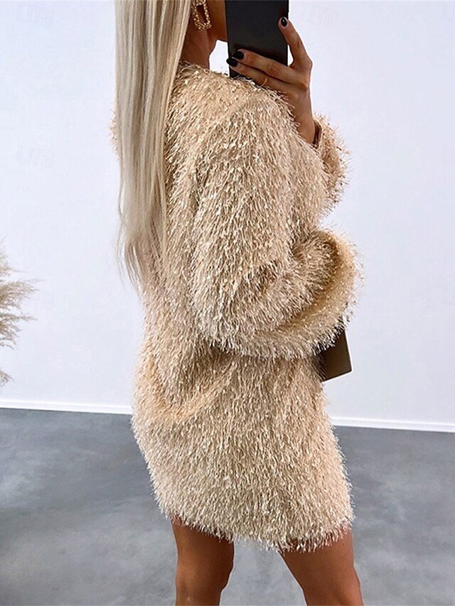 Casual Mini Tassel Fringe Crew Neck Long Sleeve Dress - Image 3