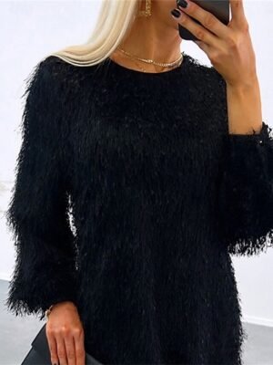 Casual Mini Tassel Fringe Crew Neck Long Sleeve Dress - Image 6