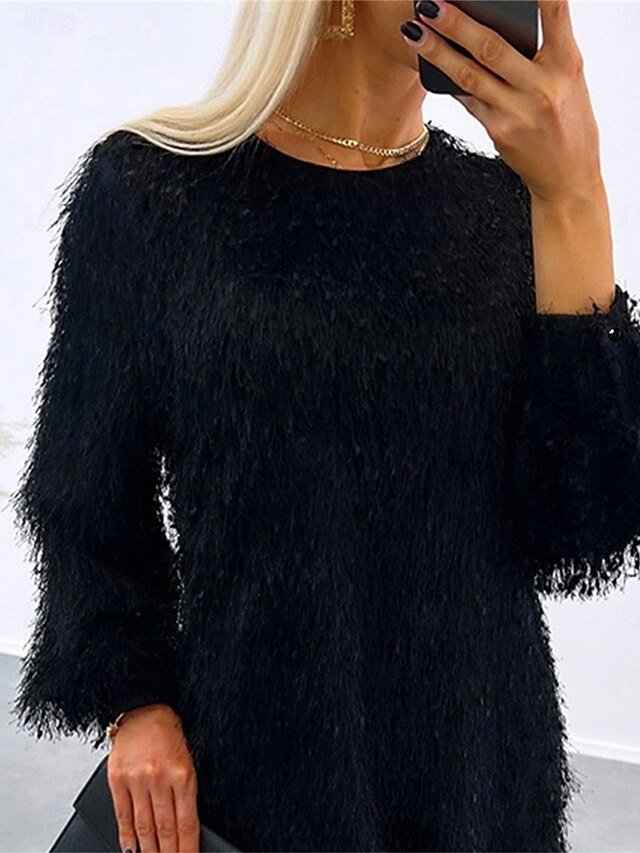 Casual Mini Tassel Fringe Crew Neck Long Sleeve Dress - Image 6