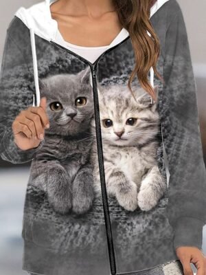 Casual Oversized Cat Print Drawstring Long Sleeve Hoodie - Image 2