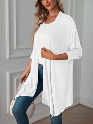 Casual Oversized Plain Collarless Open Front 3/4 Sleeve Jacket - Image 12