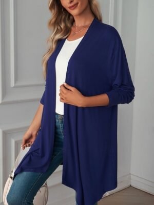 Casual Oversized Plain Collarless Open Front 3/4 Sleeve Jacket - Image 3