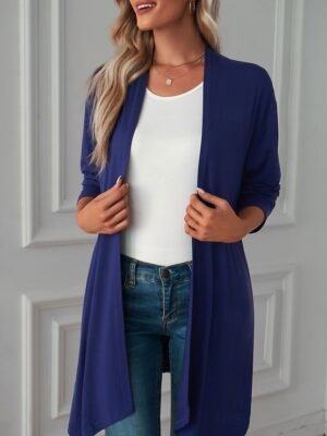 Casual Oversized Plain Collarless Open Front 3/4 Sleeve Jacket - Image 4