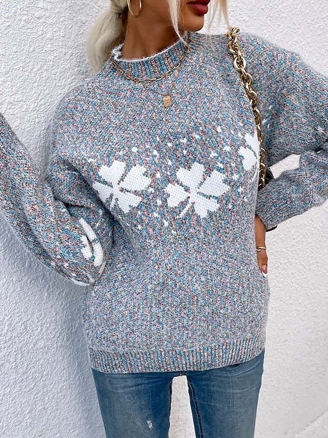 Casual Oversized Snowflake Round Neck Long Sleeve Sweater - Image 1