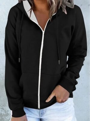 Casual Oversized Solid Colour Zipper Long Sleeve Hoodie - Image 2