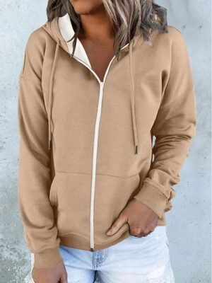 Casual Oversized Solid Colour Zipper Long Sleeve Hoodie - Image 4