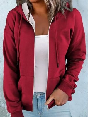 Casual Oversized Solid Colour Zipper Long Sleeve Hoodie - Image 5