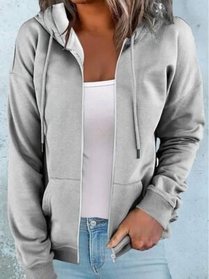 Casual Oversized Solid Colour Zipper Long Sleeve Hoodie - Image 6