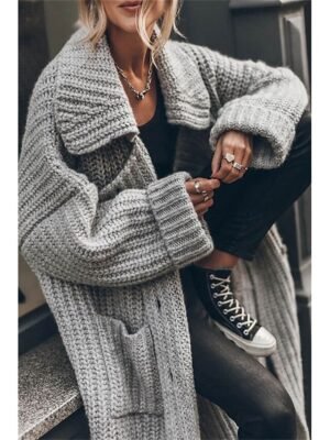 Casual Oversized Solid Open Front Long Sleeve Knit Cardigan - Image 4